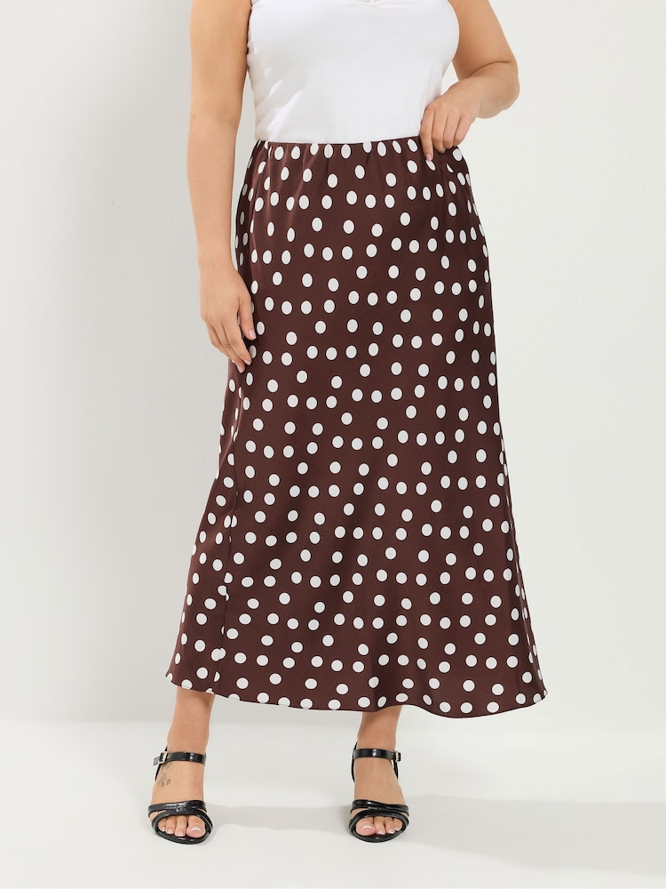 Yours Curve Brown Satin Spot Print Skirt - Image 1 of 6