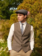 Taupe Brown Regular Fit Trimmed Check Suit Waistcoat - Image 1 of 8