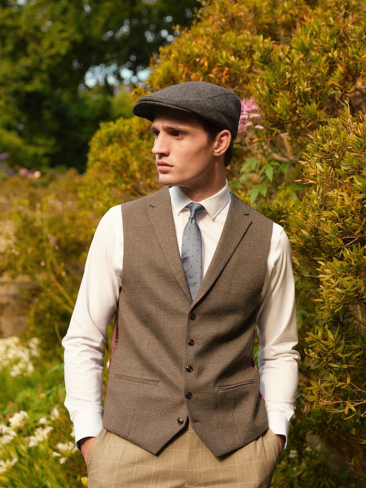 Taupe Brown Regular Fit Trimmed Check Suit Waistcoat - Image 1 of 8