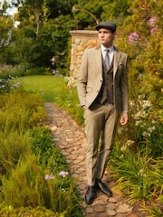 Taupe Brown Regular Fit Trimmed Check Suit Waistcoat - Image 2 of 8