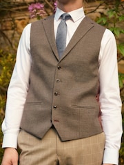 Taupe Brown Regular Fit Trimmed Check Suit Waistcoat - Image 3 of 8