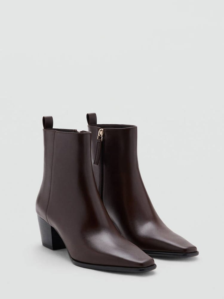 Mango Brown Leather Square Toe Block Heel Ankle Boots - Image 1 of 4