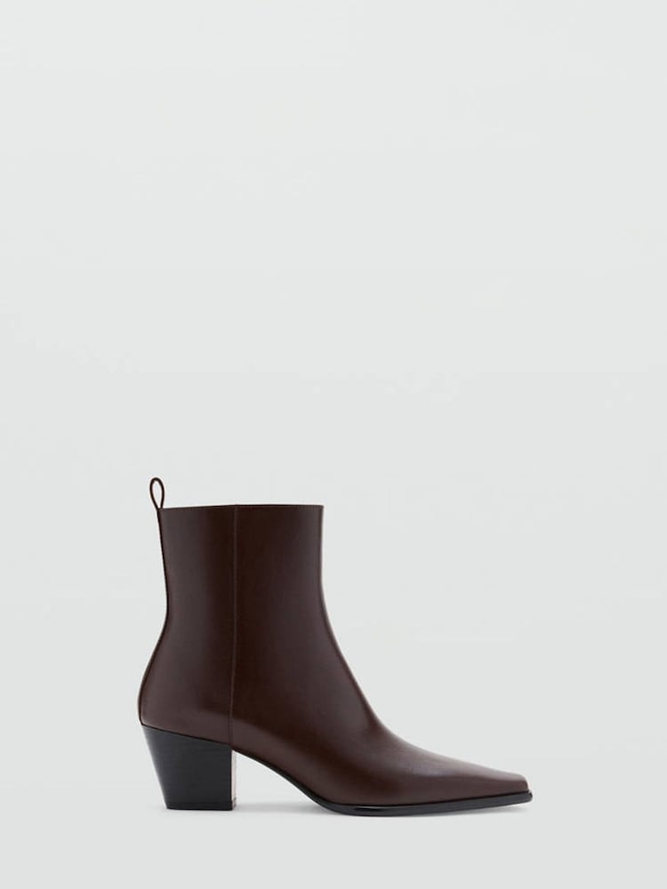 Mango Brown Leather Square Toe Block Heel Ankle Boots - Image 2 of 4
