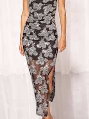 Lipsy X Samie Elishi Black/Silver Mesh Sequin Midaxi Skirt - Image 2 of 6
