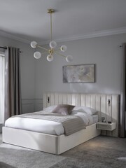 Soft Velvet Natural Oyster Mayfair Upholstered Hotel Bed Frame with Ottoman Storage Bedside Tables and Lights - Image 1 of 8