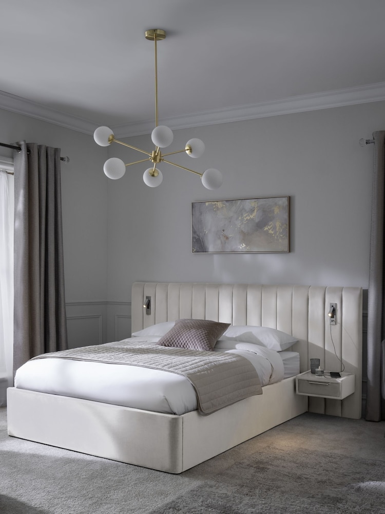 Soft Velvet Natural Oyster Mayfair Upholstered Hotel Bed Frame with Ottoman Storage Bedside Tables and Lights - Image 1 of 8