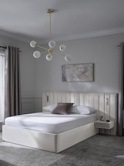 Soft Velvet Natural Oyster Mayfair Upholstered Hotel Bed Frame with Ottoman Storage Bedside Tables and Lights - Image 2 of 8