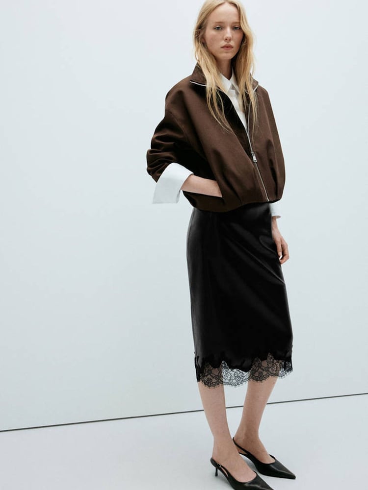 Mango Black Faux Leather Lace Trim Midi Skirt - Image 1 of 7