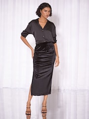 Lipsy Black Ruched Satin Midi Skirt - Image 1 of 6