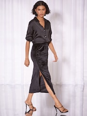 Lipsy Black Ruched Satin Midi Skirt - Image 3 of 6