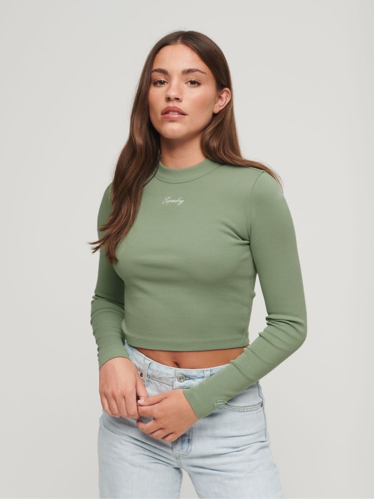 Vert clair - Haut ajusté Superdry côtelé à manches longues - Image 1 of 6