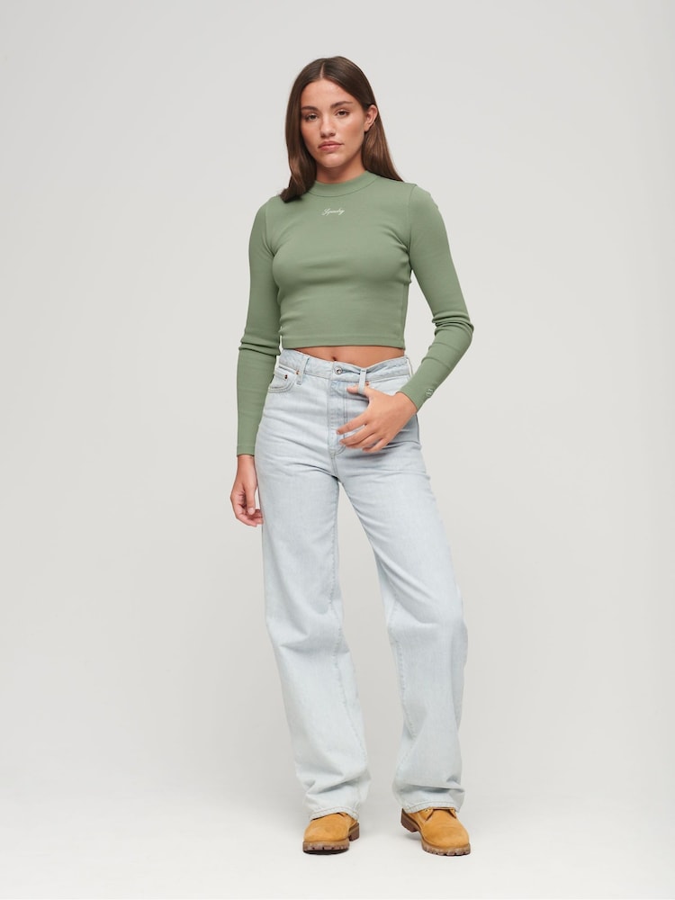 Superdry Light Green Rib Long Sleeve Fitted Top - Image 2 of 6 Superdry Light Green Rib Long Sleeve Fitted Top - Image 2 of 6