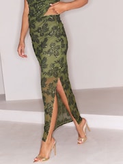 Lipsy X Samie Elishi Olive Green Mesh Sequin Midaxi Skirt - Image 4 of 7