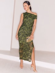Lipsy X Samie Elishi Olive Green Mesh Sequin Midaxi Skirt - Image 5 of 7