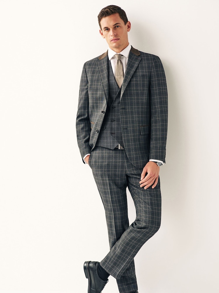 Gris de charbon de bois - Coupe classique Carreaux Costume Gilet - Image 2 of 8