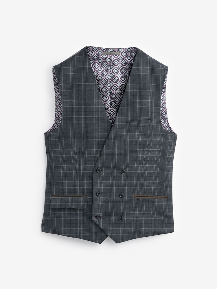 Gris de charbon de bois - Coupe classique Carreaux Costume Gilet - Image 6 of 8