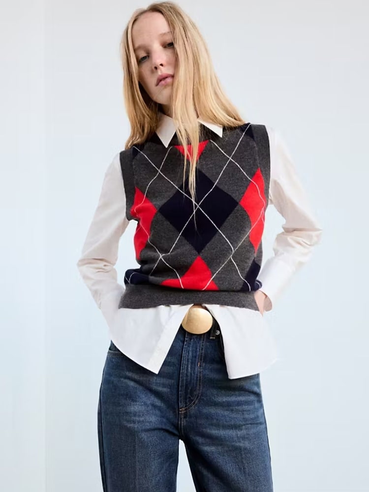 Mango Grey Argyle Knitted Vest - Image 1 of 9