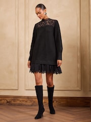 Love & Roses Black Lace Detail Knitted Mini Dress - Image 1 of 5