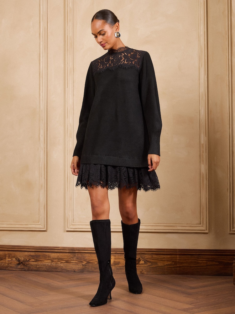 Love & Roses Black Lace Detail Knitted Mini Dress - Image 1 of 5 Love & Roses Black Lace Detail Knitted Mini Dress - Image 1 of 5