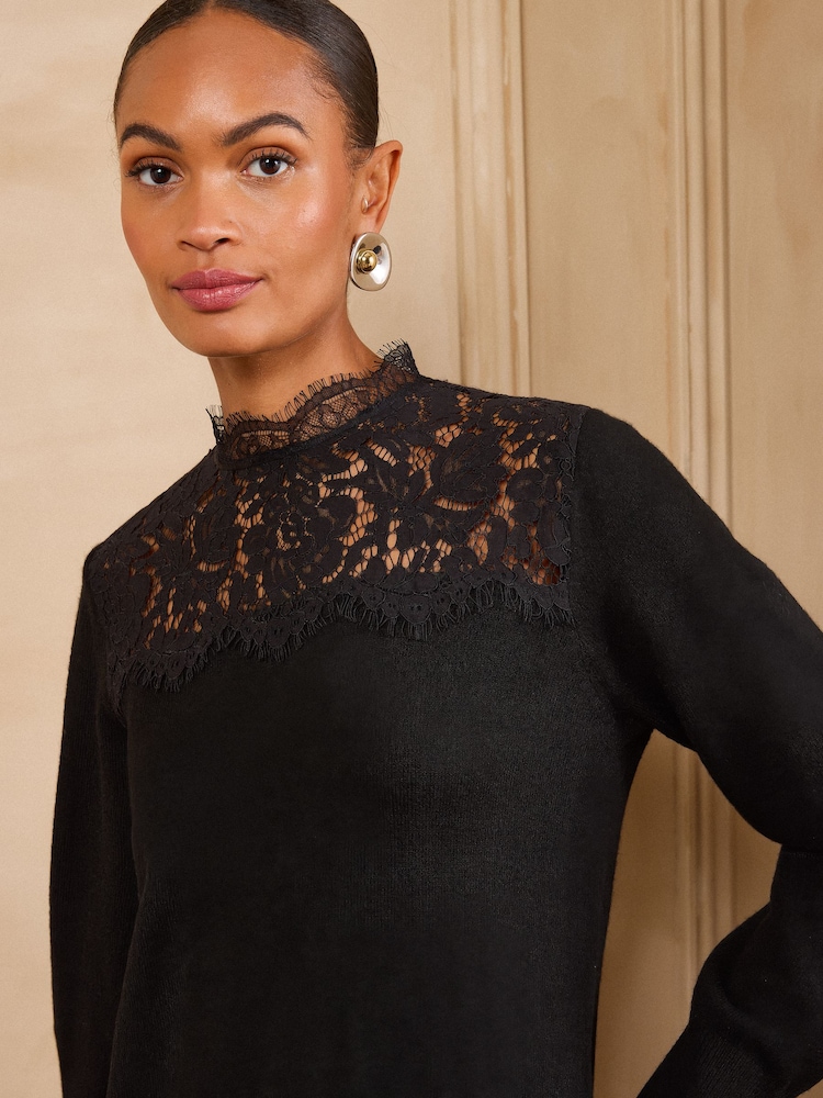 Love & Roses Black Lace Detail Knitted Mini Dress - Image 2 of 5 Love & Roses Black Lace Detail Knitted Mini Dress - Image 2 of 5