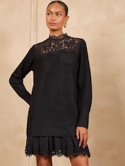 Love & Roses Black Lace Detail Knitted Mini Dress - Image 3 of 5