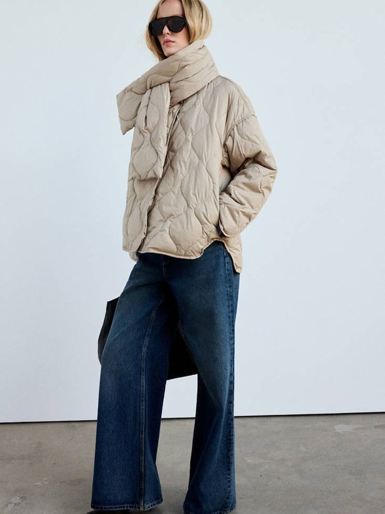 Mango Neutral Oversized Quilted Puffer Coat with Detachable Scarf - Image 1 of 7 Mango Neutral Oversized Quilted Puffer Coat with Detachable Scarf - Image 1 of 7