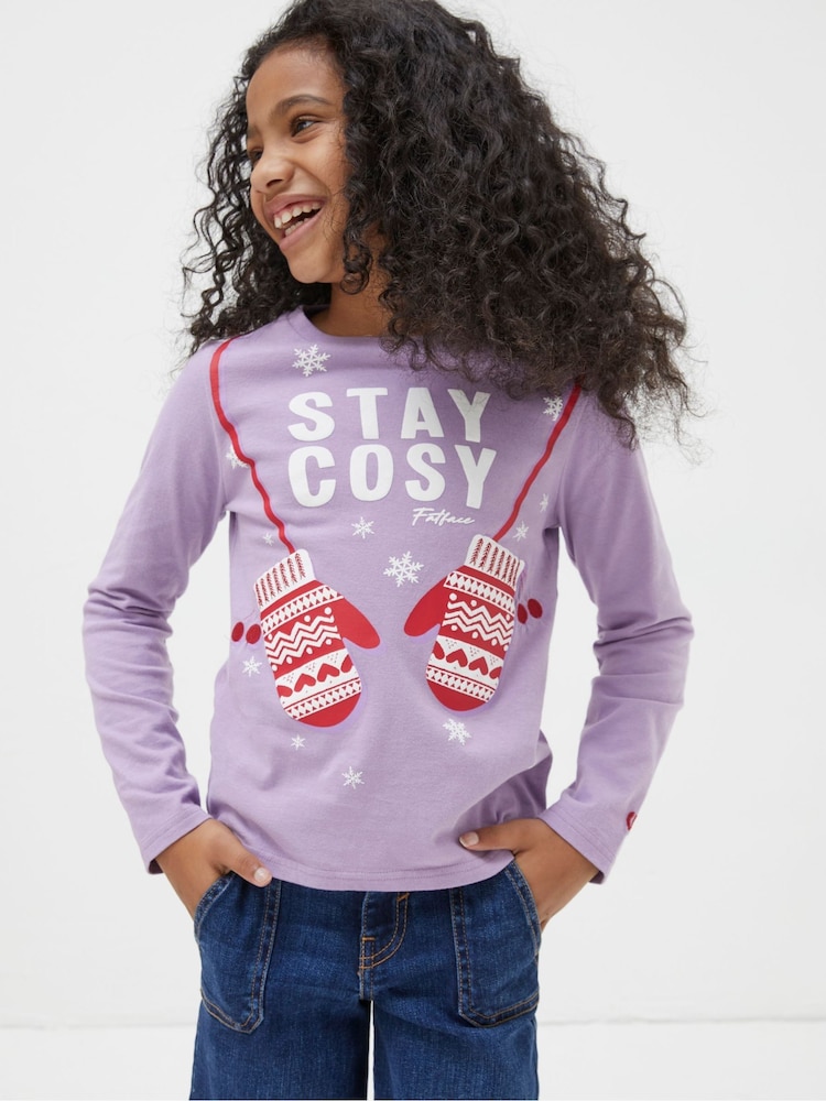 FatFace Purple Stay Cosy Mittens T-Shirt - Image 1 of 4