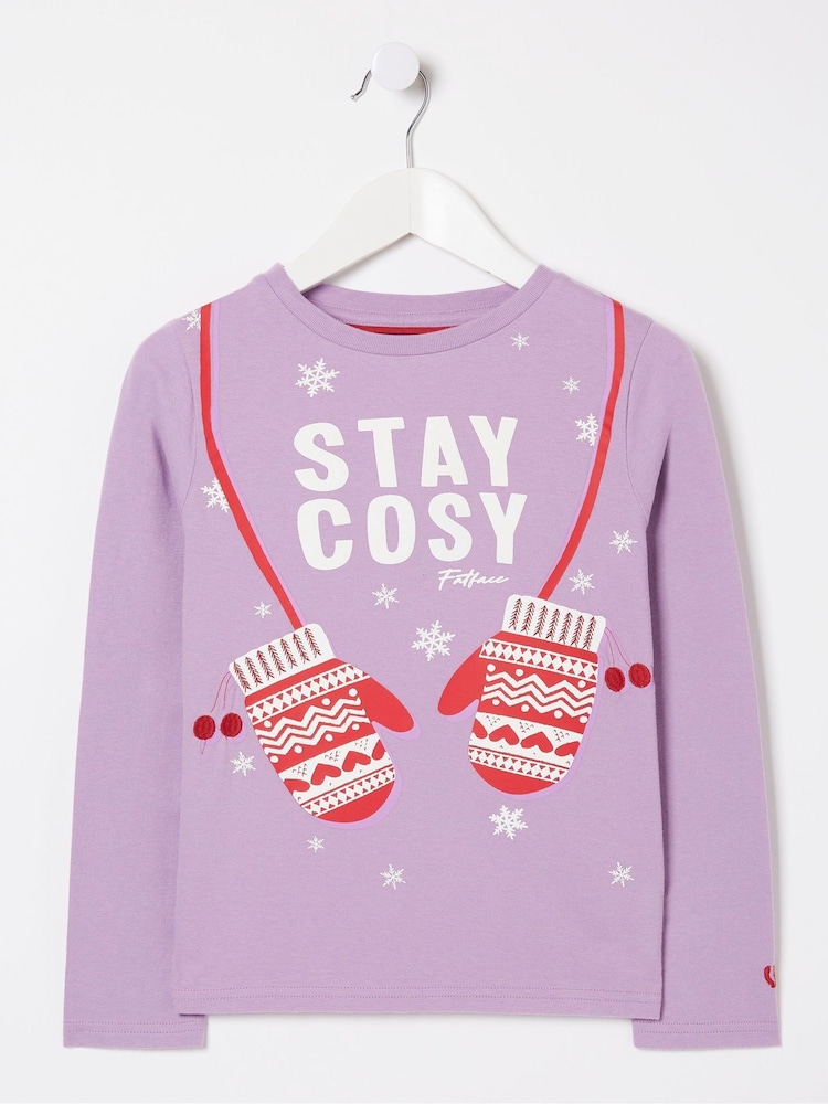 FatFace Purple Stay Cosy Mittens T-Shirt - Image 4 of 4