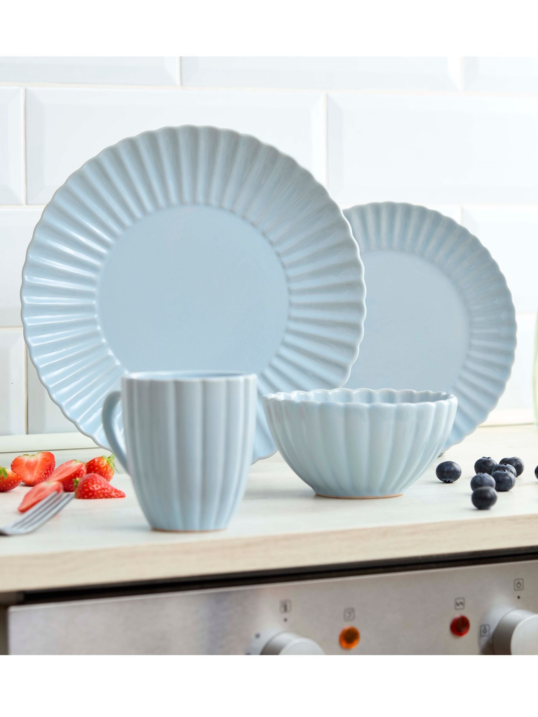 Swan 16 Piece Scallop Edge Stoneware Dinner Set, Blue - Image 7