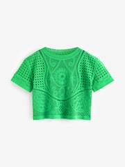 Leuchtend grün - Kurzärmeliges Häkel-T-Shirt mit Rundhalsausschnitt aus 100 % Baumwolle - Bild 6 von 7