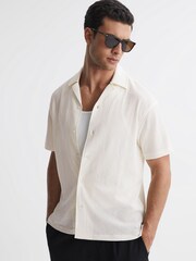 Reiss Ecru Darcy Textured Button-Through T-Shirt - Image 1 of 4