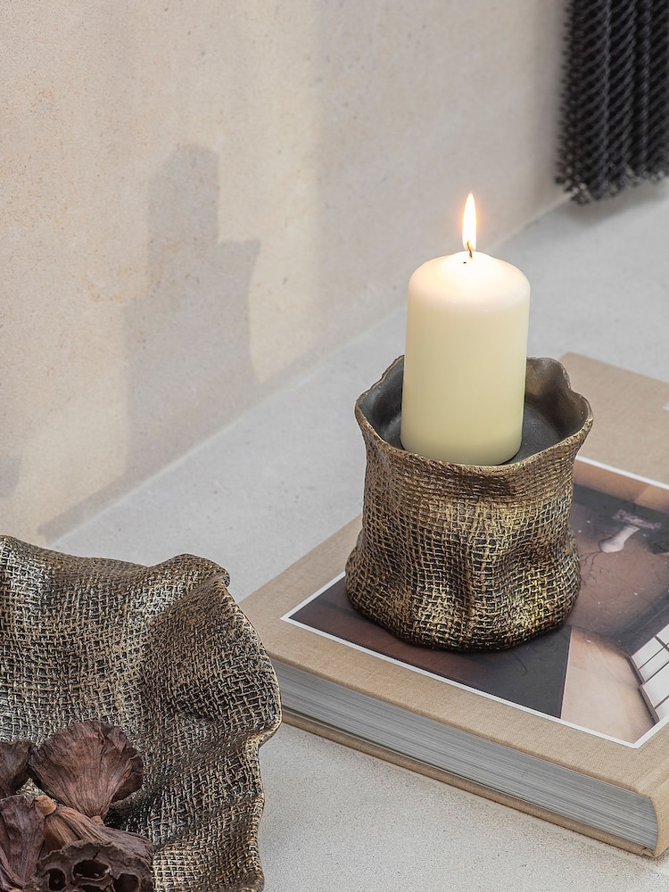 Libra Interiors Antique Brass Gold Molten Weave Candle Holder - Image 1 of 6