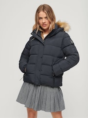 Superdry Blue Faux Fur Short Hooded Puffer Jacket - Image 1 of 6