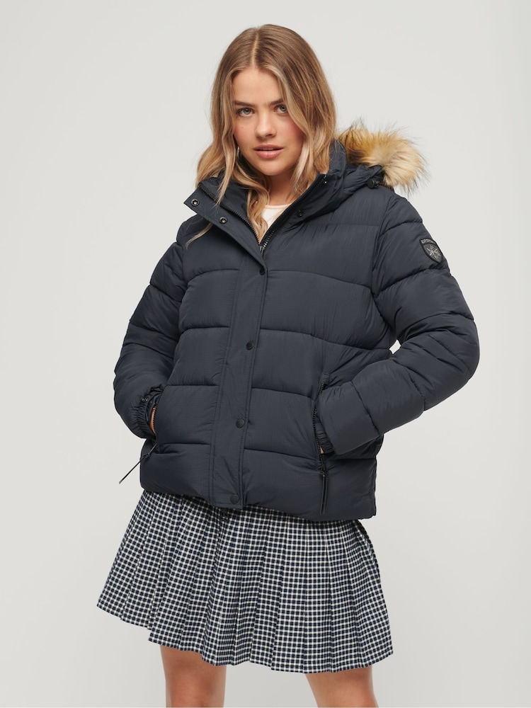 Superdry Blue Faux Fur Short Hooded Puffer Jacket - Image 1 of 6