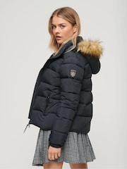 Superdry Blue Faux Fur Short Hooded Puffer Jacket - Image 3 of 6