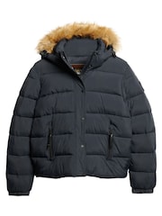 Superdry Blue Faux Fur Short Hooded Puffer Jacket - Image 4 of 6