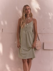 Khaki Green/White Button Down 100% Cotton Cami Summer Dress - Image 1 of 8