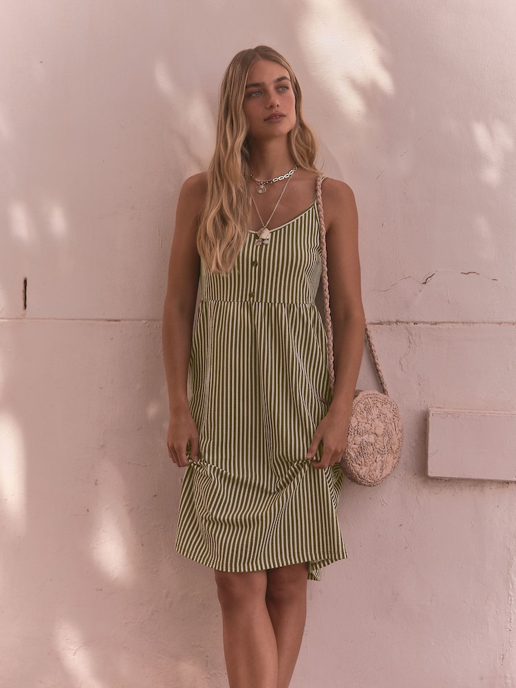 Khaki Green/White Button Down 100% Cotton Cami Summer Dress - Image 1 of 8
