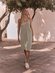Khaki Green/White Button Down 100% Cotton Cami Summer Dress - Image 2 of 8