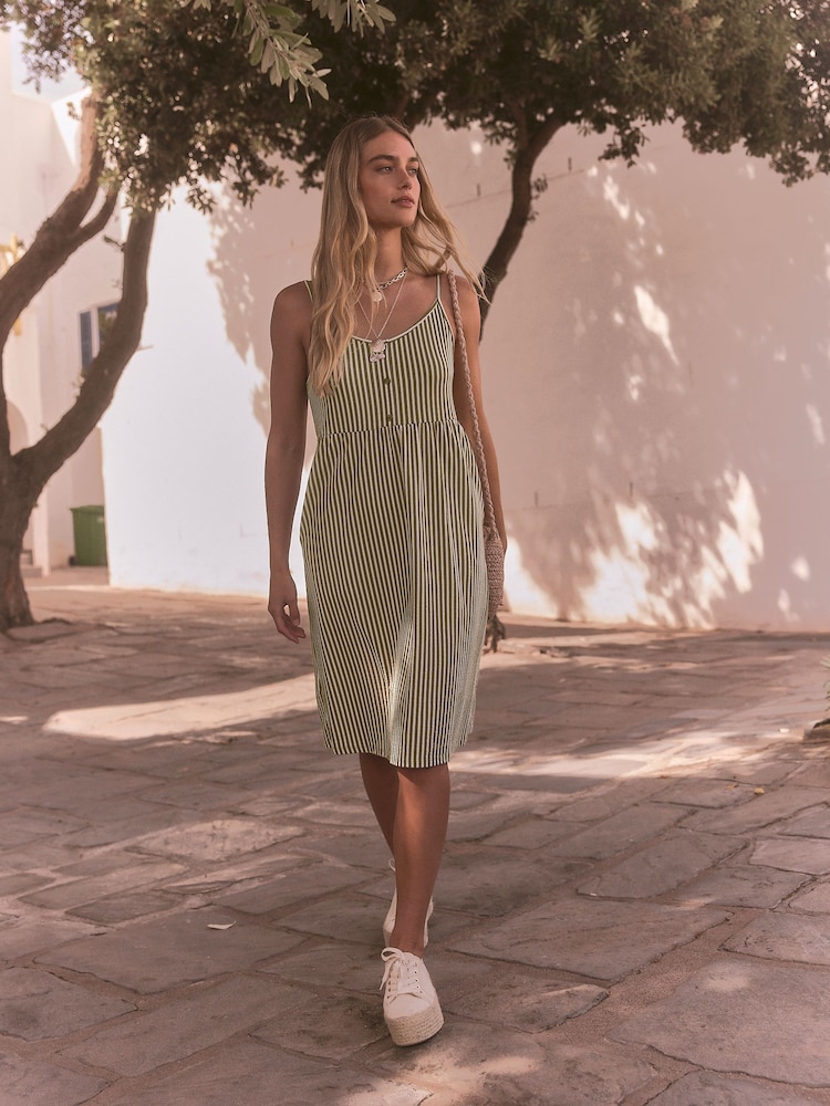 Khaki Green/White Button Down 100% Cotton Cami Summer Dress - Image 2 of 8