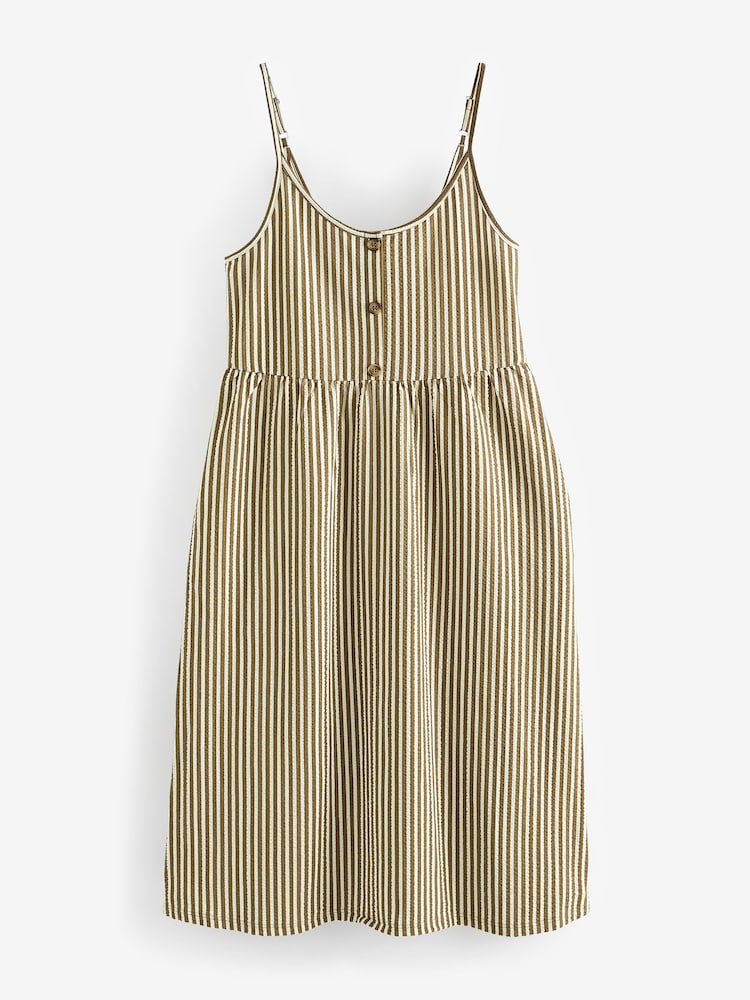 Khaki Green/White Button Down 100% Cotton Cami Summer Dress - Image 7 of 8