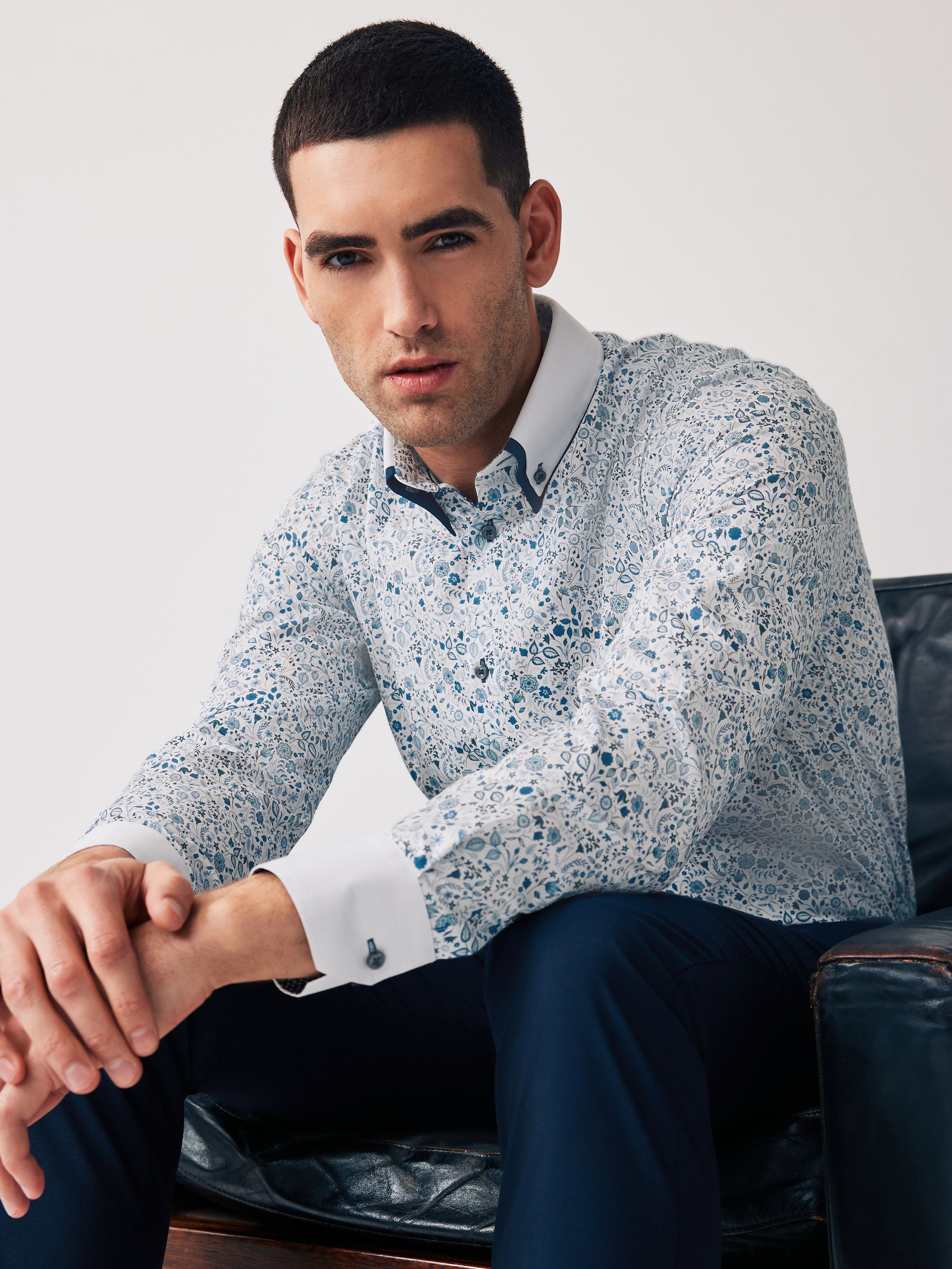 ＜H＞DOUBLE CUFFS REGULAR COLLAR SHIRT シャツ Buy Blue Floral Double Collar Regular Fit Trimmed Formal