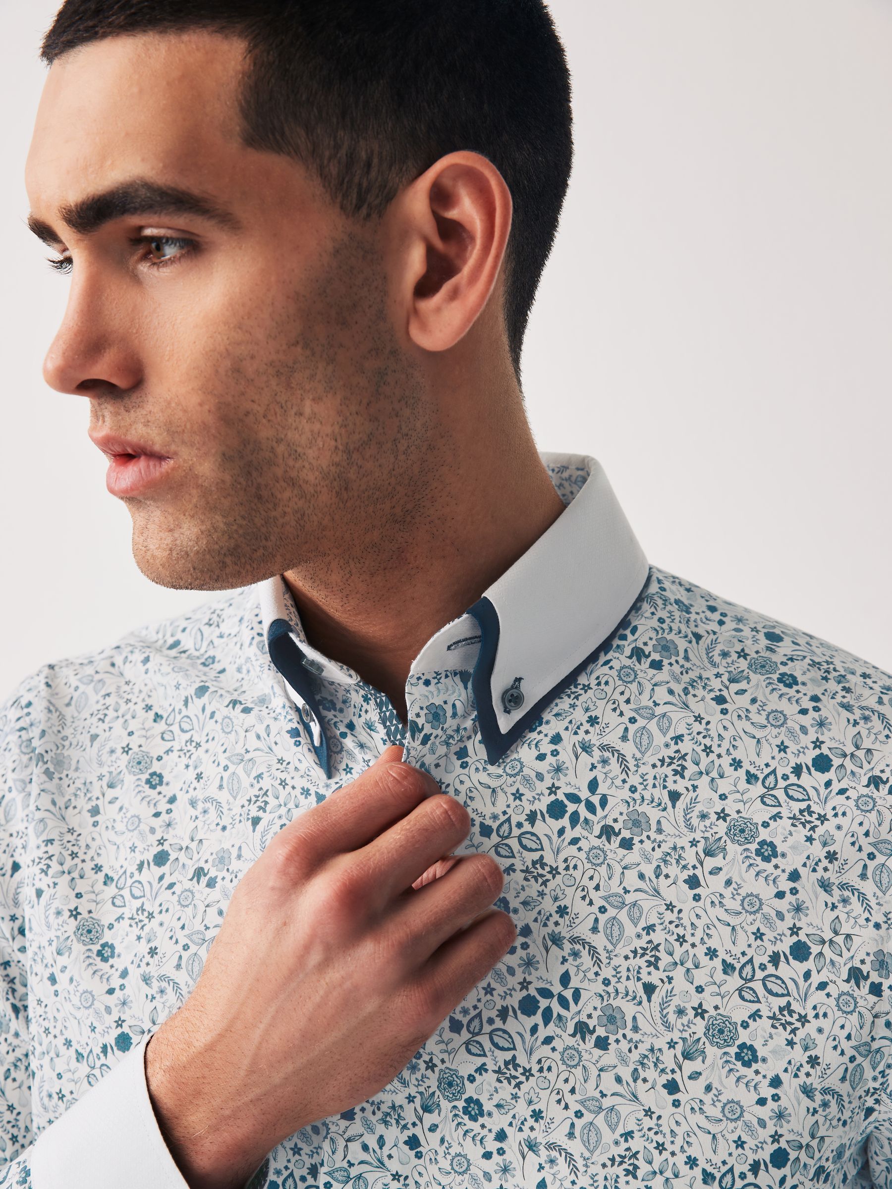 Buy Blue Floral Double Collar Regular Fit Trimmed Formal