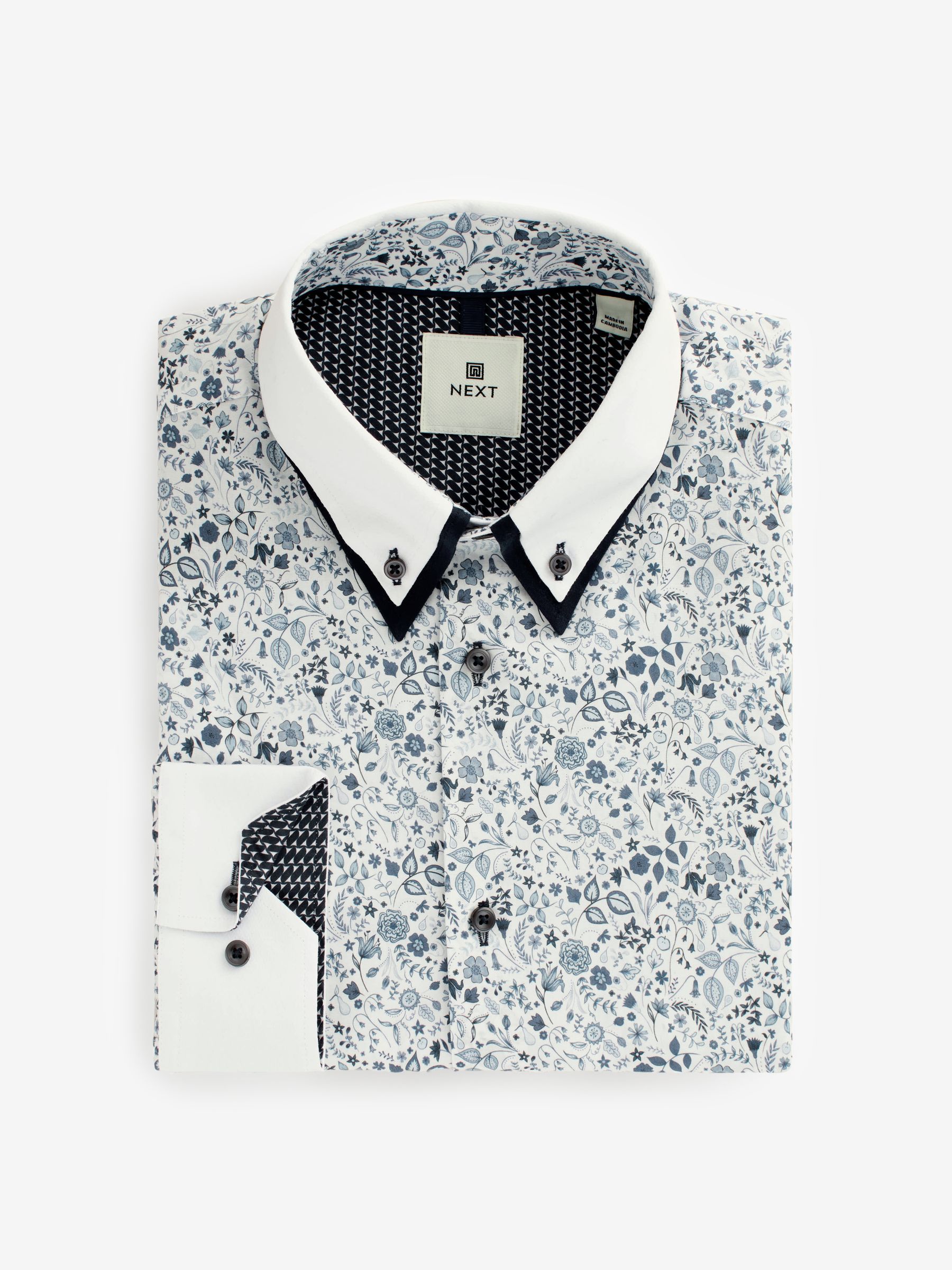 Buy Blue Floral Double Collar Regular Fit Trimmed Formal