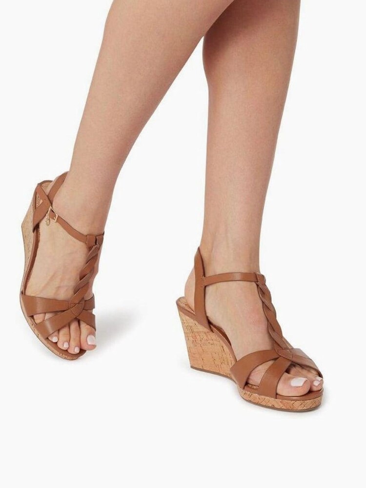 Dune London Tan Brown Wide Fit Plait Bar Wedge Sandals - Image 1 of 6 Dune London Tan Brown Wide Fit Plait Bar Wedge Sandals - Image 1 of 6