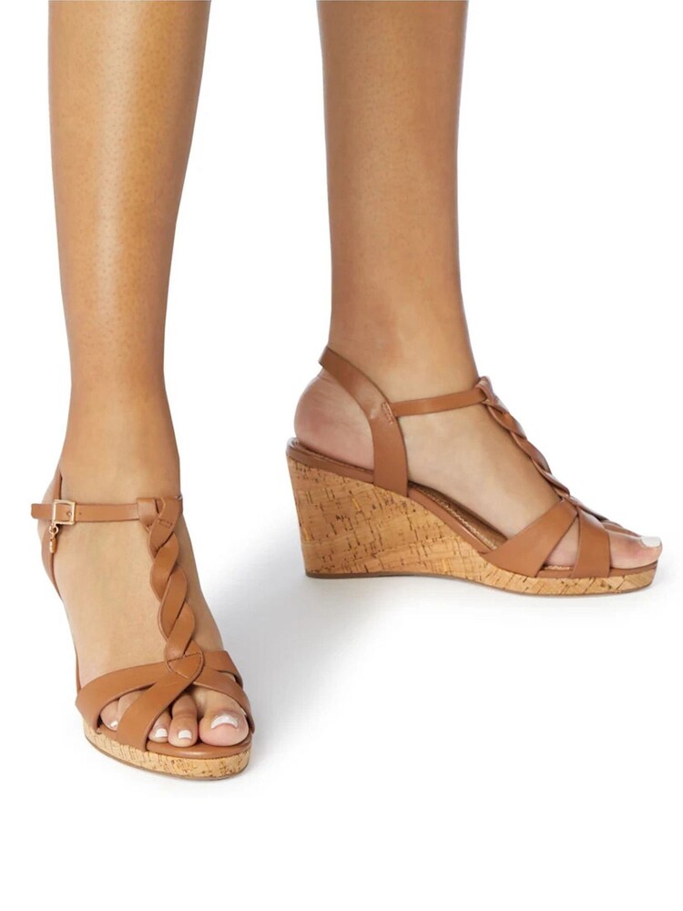 Dune London Tan Brown Wide Fit Plait Bar Wedge Sandals - Image 2 of 6 Dune London Tan Brown Wide Fit Plait Bar Wedge Sandals - Image 2 of 6