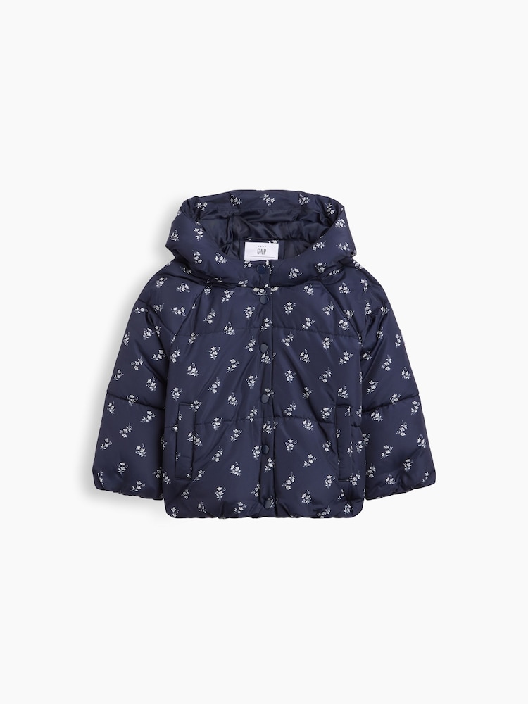 Gap Navy Floral Hooded Puffer Jacket - Image 1 of 2 Gap Navy Floral Hooded Puffer Jacket - Image 1 of 2