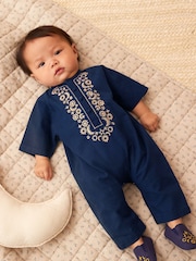Navy Blue Occasion Linen Blend Baby Romper (0mths-2yrs) - Image 1 of 6