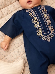 Navy Blue Occasion Linen Blend Baby Romper (0mths-2yrs) - Image 3 of 6