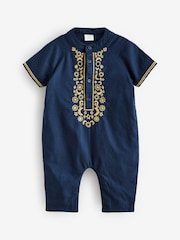 Navy Blue Occasion Linen Blend Baby Romper (0mths-2yrs) - Image 4 of 6